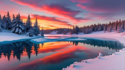 a beautiful view of a red afternoon sky with snow and pine trees next to the river