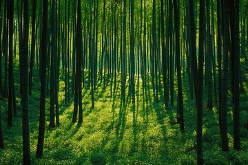 Fototapeta premium A serene bamboo forest with slender green stalks towering above, their shadows casting a peaceful, reflective atmosphere on the forest floor. 