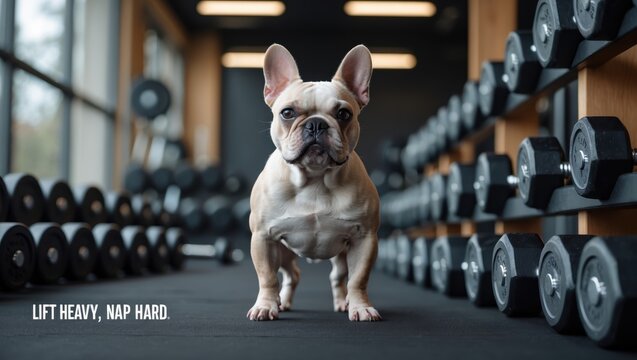 A determined French Bulldog standing at a fitness center with weights in the background, showcasing a playful yet motivational atmosphere