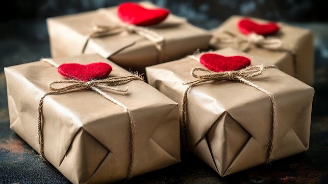 Presents Tied With Twine And Adorned With Red Heart Decorations
