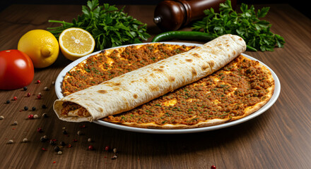 Lahmacun - Turkish Pizza wrapped on a dark background