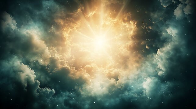 A cloudy sky with dark clouds broken by rays of sunlight, creating a dramatic and inspiring scene as light filters through, adding a sense of hope.