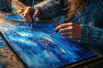 Obraz premium A female artist paints a vibrant blue abstract artwork using two brushes, showcasing her talent and creative process.