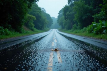 A Rainy Day Drive Through Lush Green Foliage on a Rural Asphalt Road