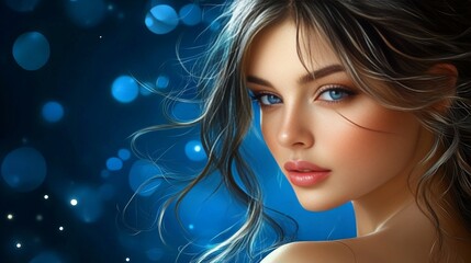 Portrait of young caucasian female with blue eyes against sparkling blue background