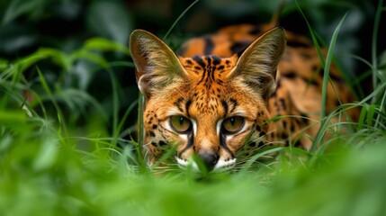 Obraz premium A serval cat is crouched low in dense green grass, its striking fur pattern blending with the environment as it prepares to pounce on an unsuspecting target under natural light.