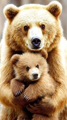 Obraz premium Mama Bear Protecting Cub in Forest