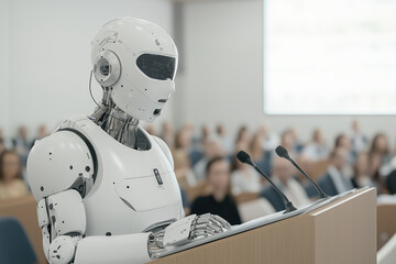 humanoid robot presenting at seminar, showcasing advanced technology and education. audience is engaged, highlighting intersection of AI and learning