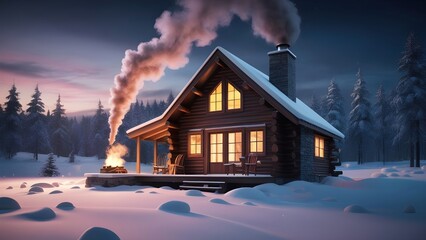 A cozy cabin in a snowy forest at dusk with smoke rising from the chimney creating a warm glow