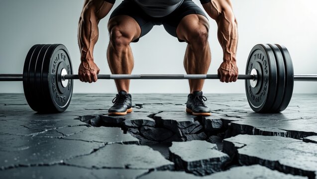 Muscular man lifting heavy barbell on cracked dark floor, showcasing strength and determination in a fitness setting