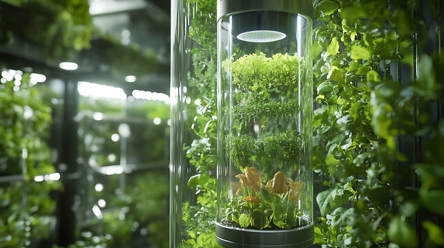 A garden-to-glass concept featuring a vertical hydroponic wall where fresh ingredients are harvested directly into a food replicator device that instantly transforms them into a vibrant, nutrient-opti