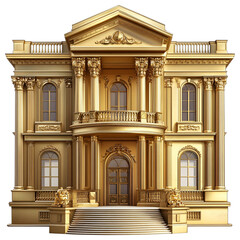 Obraz premium Majestic neoclassical gold-trimmed bank building with grand architecture, isolated on a transparent background. 