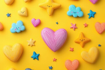 Fototapeta premium Cute cartoon hearts, stars, and clouds on a yellow background.