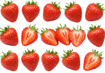 Isolated Fresh Red Strawberries Whole and Cut