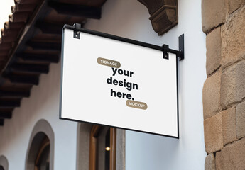 Outdoor Hanging Signage Mockup on Rustic Building Exterior
