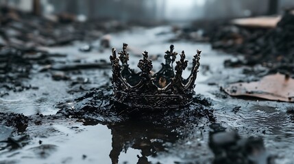 An ornate crown sits atop a muddy and wet ground surface