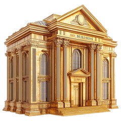 Obraz premium Majestic neoclassical gold-trimmed bank building with grand architecture, isolated on a transparent background. 