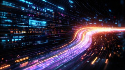 Highway with light trails and abstract data flowing in futuristic environment at night