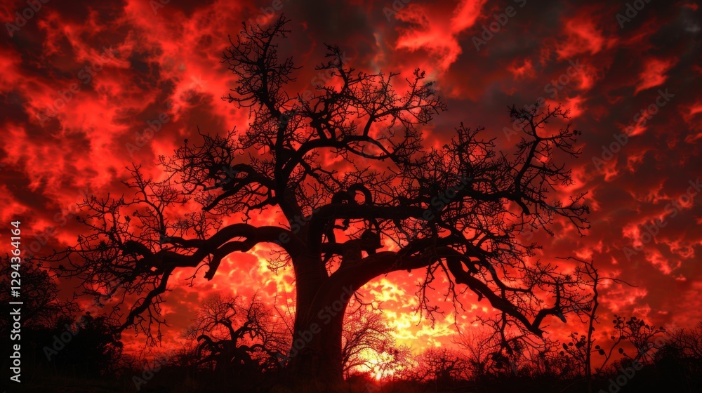 Poster a striking silhouette of an ancient tree stands against a vibrant, fiery sunset sky. the dramatic cl