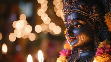 Fototapeta premium A close-up of a Hindu god statue, glowing under temple lights during worship