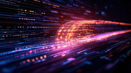 Computer screen with glowing light and abstract data traveling in futuristic light trail