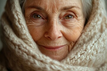 Close-up portrait of an elderly woman's face, wrapped in a warm, knitted scarf, showing her wrinkles and a gentle smile.