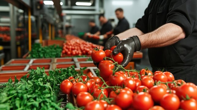 Workers sorting and packing fresh tomatoes on a production line