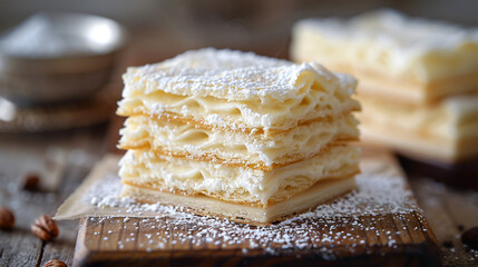 Exquisite Layered Cream Cake Dessert Delight Culinary Confection Stacked Pastry Treat Baked Goods on Wooden Board