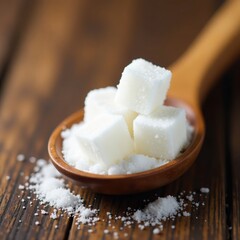 Close-up of sugar cubes and cane in rustic wooden spoon , item, rustic