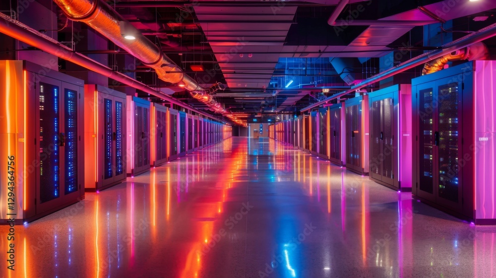 Poster This captivating corridor features rows of server racks bathed in colorful lights, highlighting the advanced technology inside a contemporary data center during nighttime.