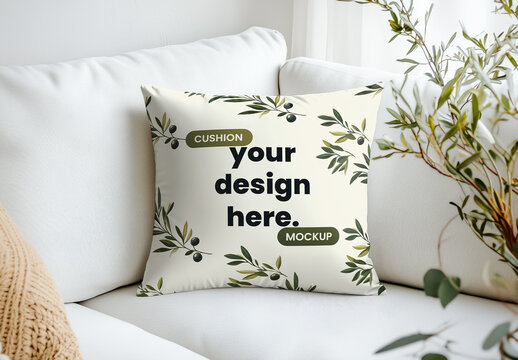 Square Cushion Mockup with Olive Branch on Cozy White Sofa