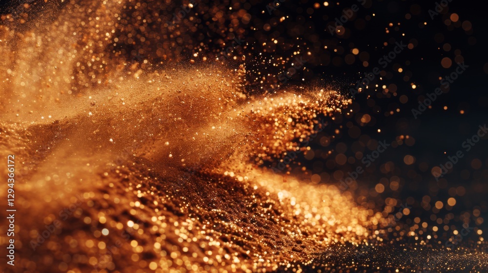 Aufkleber Golden particles swirl dynamically in a dark setting, creating a stunning visual effect that captures light and depth, evoking a sense of magic and wonder.