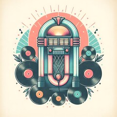 Retro jukebox surrounded by vinyl records. Vibrant colorful illustration of a vintage jukebox, central to the image, surrounded by multiple vinyl records and stylized foliage.