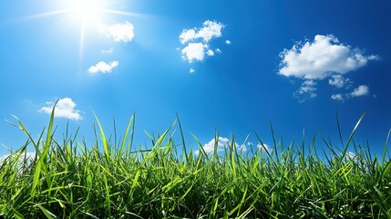 Obraz premium A tranquil green field of tall grass, gently waving in the wind beneath a bright blue sky, evoking a sense of calm and natural beauty. 