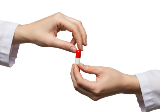Isolated Hands Exchanging a Medical Capsule with Care