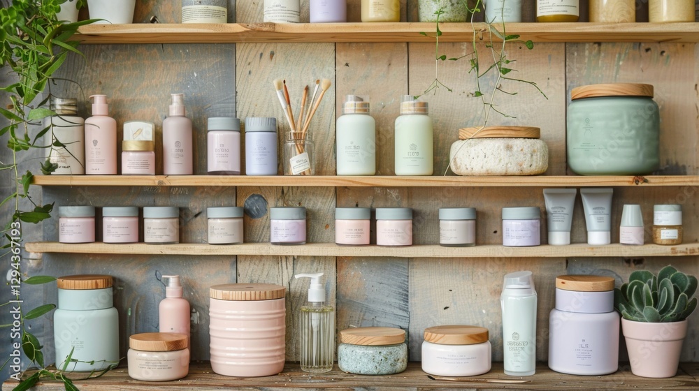 Poster Various skincare products in calming pastel shades are neatly arranged on wooden shelves. Plants add a touch of nature, creating a serene atmosphere in a bright setting.
