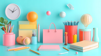Education concept with school accessories falling and balancing in mid-air
