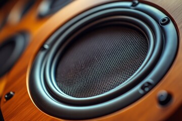 Wooden speaker cone vibrating, creating sound waves, demonstrating audio technology