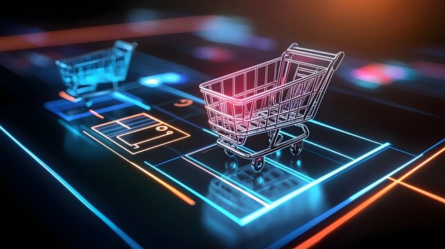Dynamic shopping cart graphic featuring a motion blur effect emphasizing speed and efficiency in the online business landscape  Vibrant blue and orange tones create a tech savvy aesthetic