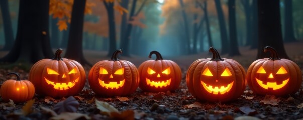 Glowing jack-o'-lanterns, spooky autumn display, autumn, old fashioned