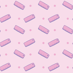 A seamless pastel pattern featuring adorable cartoon-style rulers on a pink background with polka dots, perfect for school and stationery-themed designs, Vector Illustration