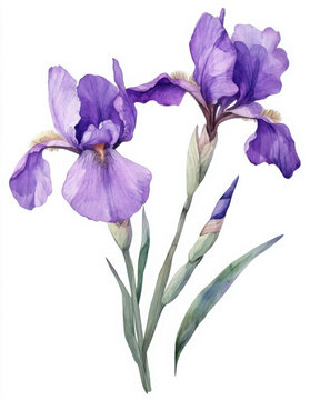 Beautiful purple Iris flowers on a white background. Watercolor illustration.