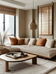 A living room displays a minimalist style of interior design