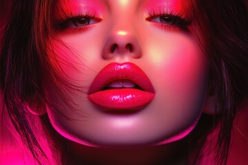 Fototapeta premium Close-up of a Woman's Face with Bright Pink Makeup and Red Lips, Captivating and Sensual Beauty Portrait