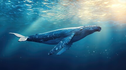 Naklejka premium Majestic Humpback Whale Swimming in Deep Blue Ocean with Sunlight Reflection – Marine Wildlife Concept