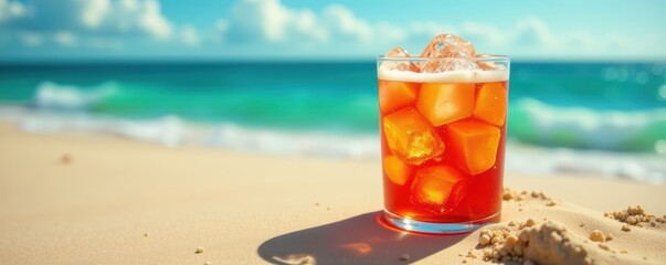 Icy cold beverage, sweating glass, sun-drenched sand, coast, cold