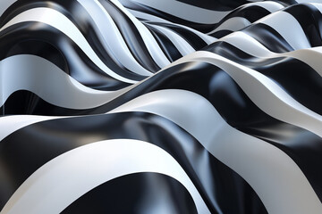 Obraz premium A striking abstract 3D rendering of a surface with bold black and white stripes, flowing in a fluid, organic pattern