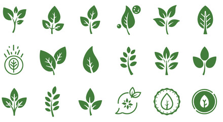 Vector Icon Set Green Leaves, Botanical Symbols, Eco-Friendly Design, Nature Elements
