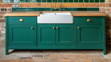 Elegant Green Kitchen Cabinet with Vintage Sink and Wooden Countertop