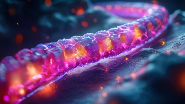 A futuristic, high-tech visualization of a glowing intestinal tract, representing a colonoscopy concept with advanced medical imaging